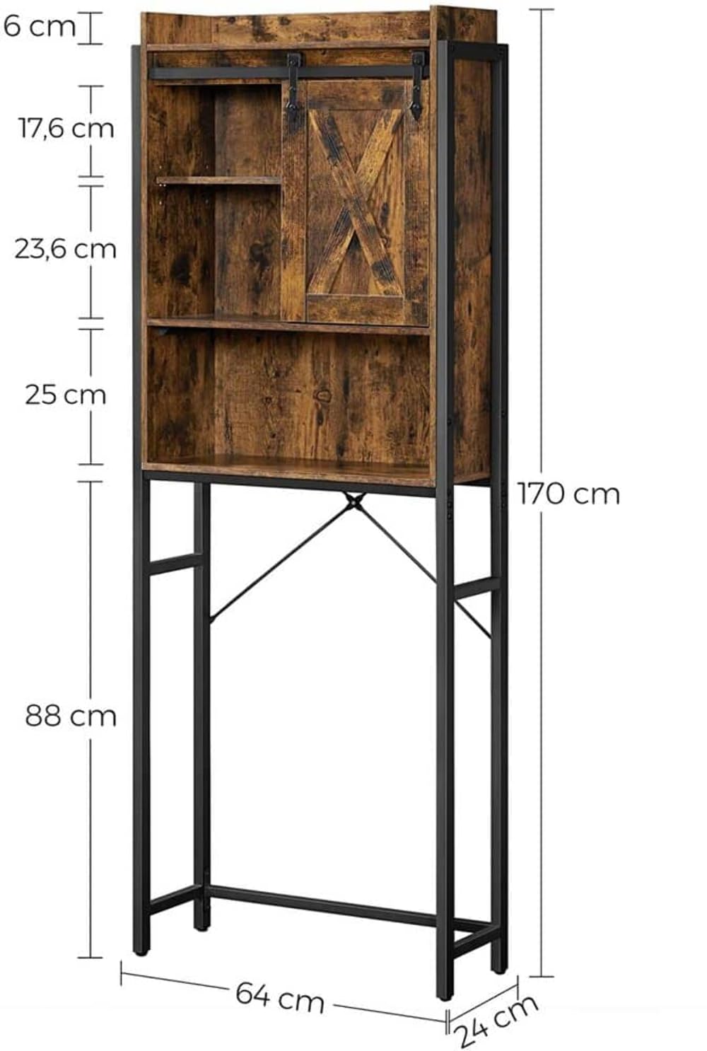 VASAGEL Toilettenregal, Badezimmerregal, mit Schrank, Stahlgestell, für Waschmaschine, einfache Montage, Industrie-Design, 64 x 24 x 171 cm, vintagebraun-schwarz BTS003B01