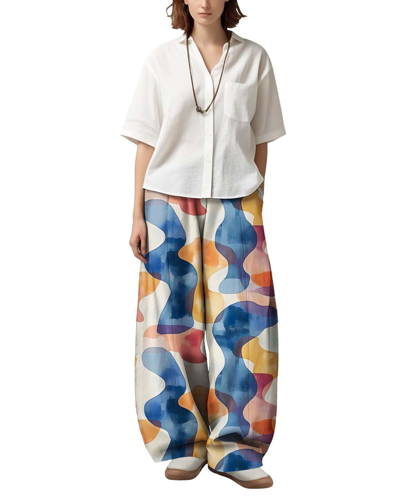 Womens Boho Floral Printed Pants Elastic Waist Wide Leg Casual Trousers Loose Fit Pant with Pockets for 2025