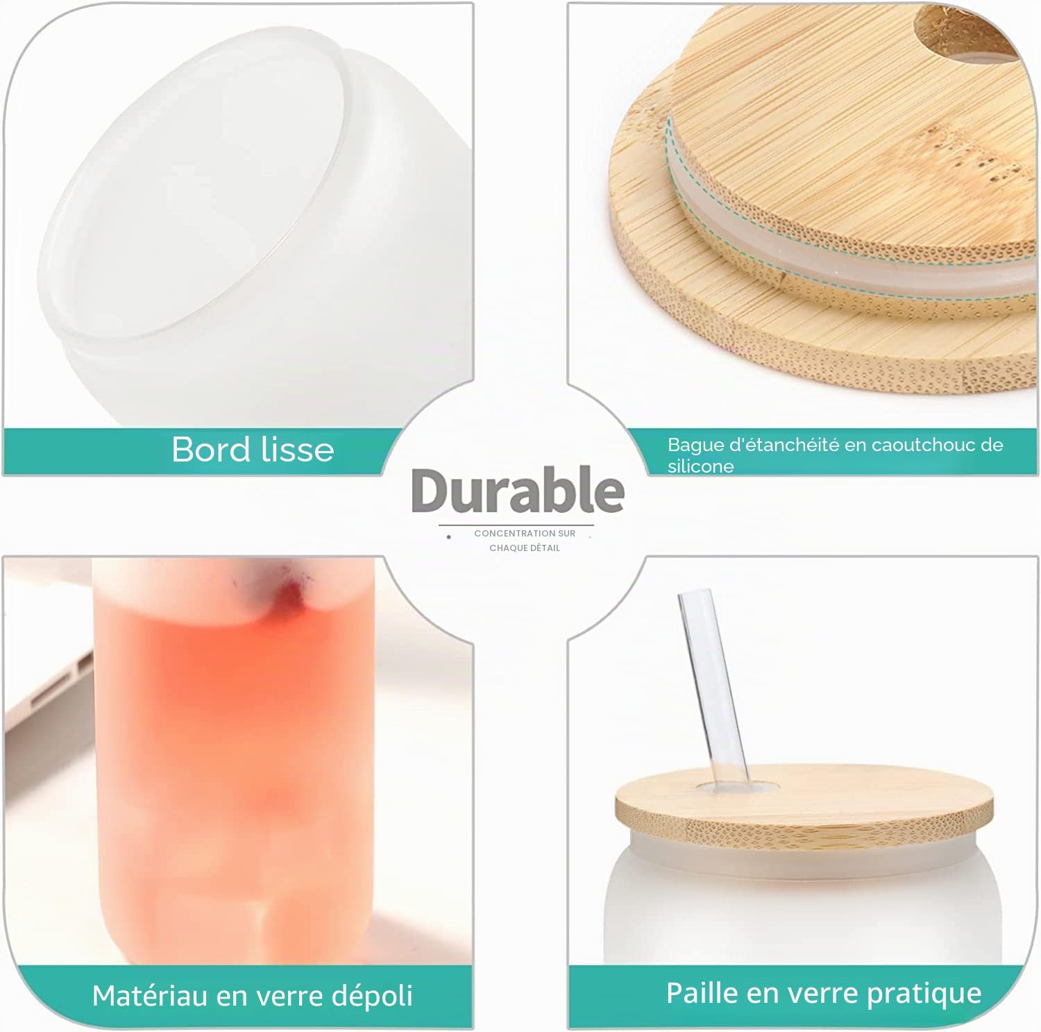 LATERN 8 Pièces Boîtes en Verre pour Sublimation, 520ml Canette de Bière À Sublimation Givrée Gobelet en Borosilicaté Pot Mason avec Couvercles en Bambou et Paille Réutilisable - pour Boissons Glacées