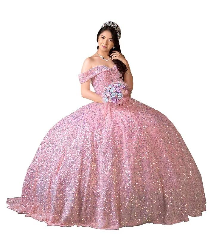 Mauuwy Sparkly Off Shoulder Sequin Quinceanera Dresses with Train Puffy Prom Dresses Long Ball Gown for Women Sweet 16 Dress