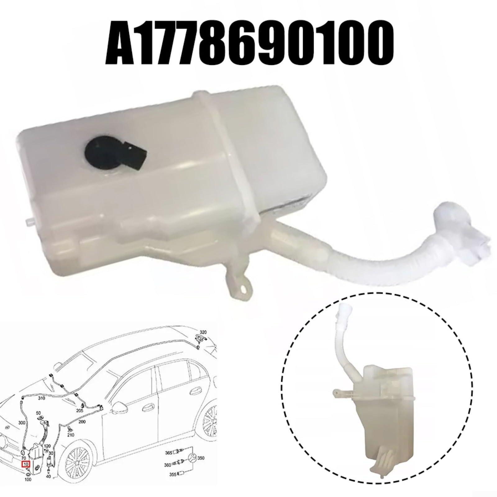 Detergente Depósito Lavaparabrisas Compatible con Mercedes Clase A W177 2017+ Reemplazo para A1778690100 ABS Plástico Negro Blanco Fácil de Instalar Duradero Resistente Forma Estable