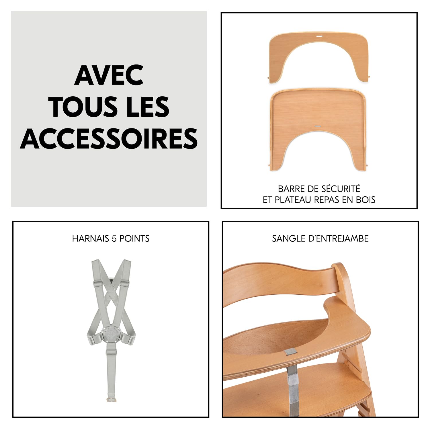 Chaise Haute Bébé Evolutive Beta+ Bois Naturel 6 Mois à 90 kg avec Roulettes et Harnais 5 Points