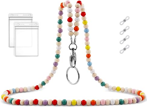 Wooden Beaded Lanyards for ID Badges and Keys, Teacher Lanyard with ID Holder, Cute Women Lanyard for Face Mask Glasses, Multicolor Mix