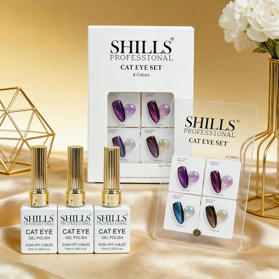 Shills Professional Cat Eye Gel Polish Set (4 Colors Each) | Magnetic Cat Eye Nail Gel Kit | UV LED Soak-Off Long Lasting Nail Polish | High Shine Glitter Effect Nail Art Kit (CE46)-image-11