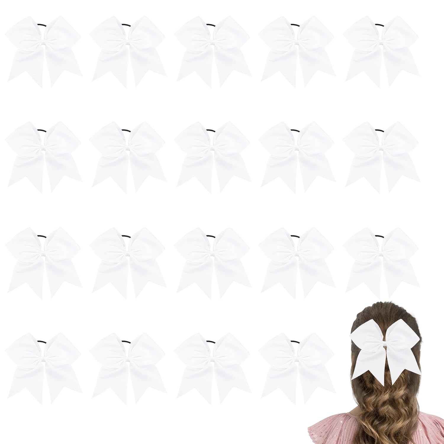 Cheer Bows, White Hair Bows, 20 Pcs 8 Inch Bows for Cheerleaders, Girls, Softball, Ponytail Holders, Cheerleading Hair Accessories