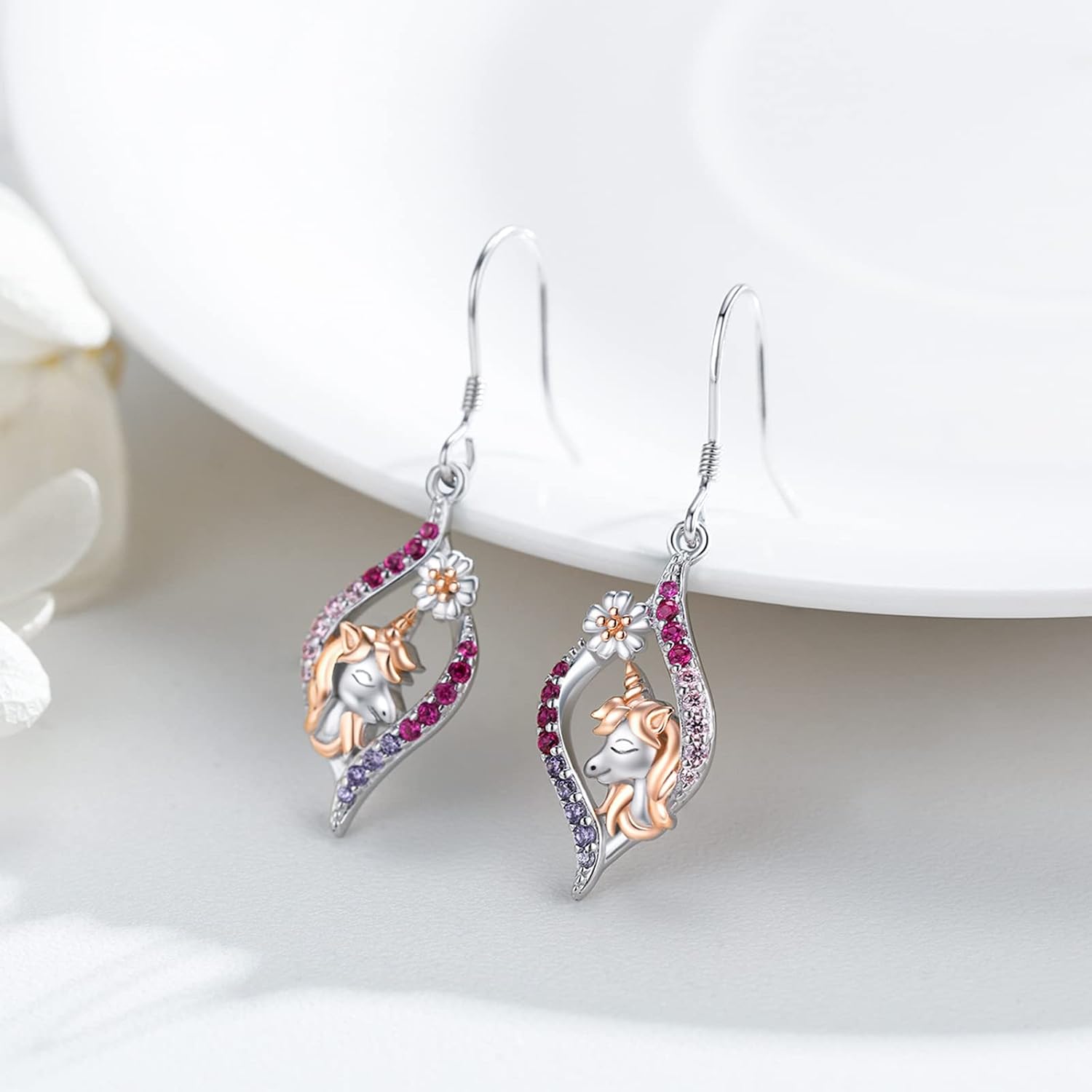 Unicorn Earrings Sterling Silver Unicorn Drop Dangle Earrings Pink & Rose Gold Daisy Flower Unicorn Hook Earrings Jewelry Gifts for Women