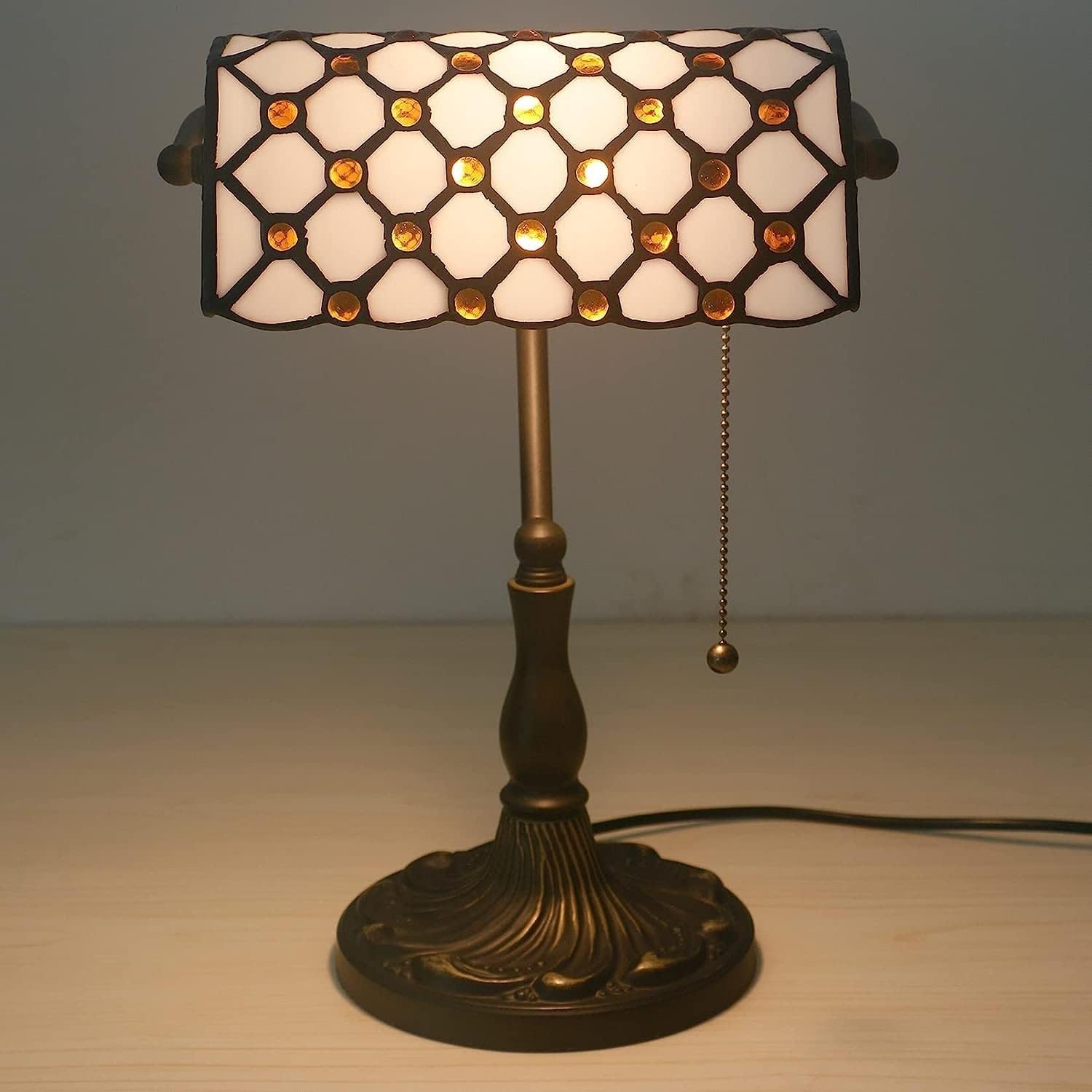 Bankiers Tischlampe, farbige Glaslampe, Kristallperlenschreibtischlampe, Schlafzimmer in der Nacht Leselampe (weißer brauner Glasperlenschatten) Innovate