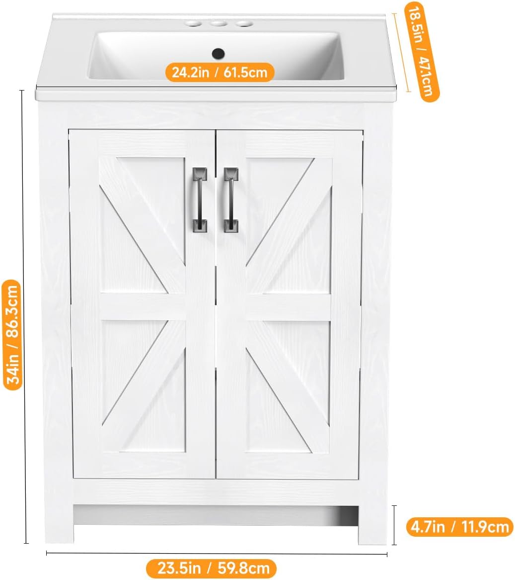 Modernmate Bathroom Vanity with Ceramic Sink, 24 Inch Bathroom Vanities with 2 Soft-Close Door & Metal Handle, Modern Single Sink Vanity with Adjustable Shelf, Thickened Wood Storage Cabinet