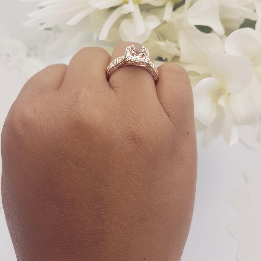Dazzlingrock Collection 6.2mm Round Morganite & White Natural Diamond Split Shank Halo Engagement Ring Set for Women in 14K Real Solid Gold