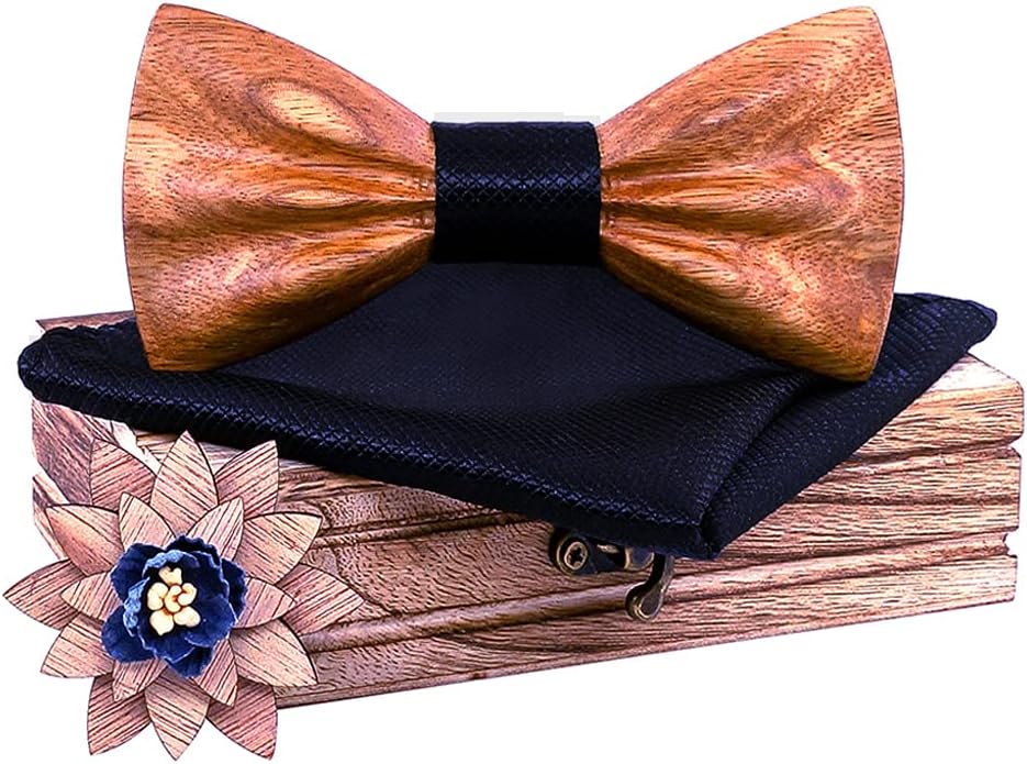 Mens Handmade Natural Wood 3D Design Bow Tie with Pocket Square and Men's Wooden Lapel Flower Boutonniere Set