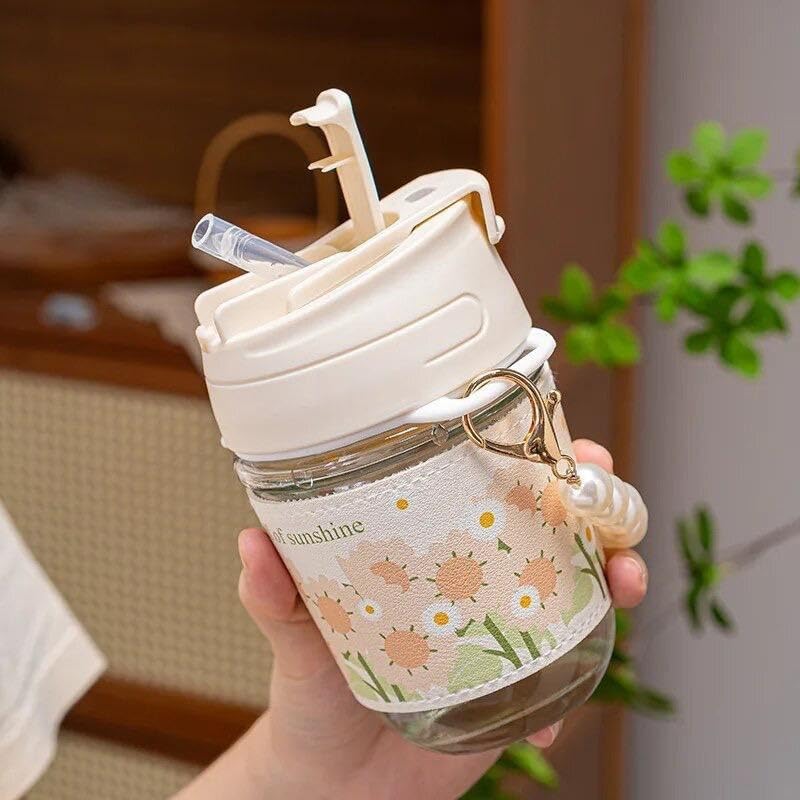 Image of KELVEE Glass Coffee Tumbler with Lid and Straw Pack of 1, Milk Mug with Pearl Chain Belt & Leather Grip Reusable Travel Sipper Cute Mugs for Girls for Juice Smoothies iced Tea Cups, 350 Ml (Pearl)