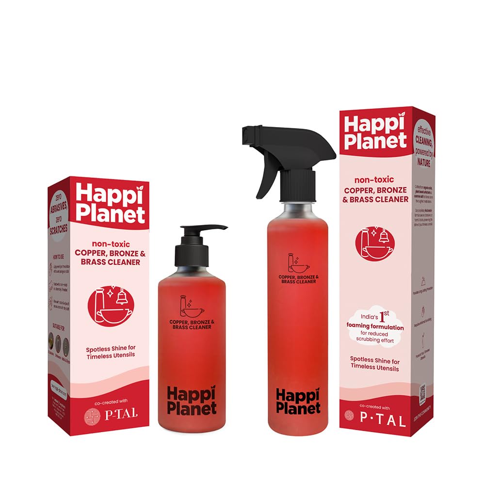 Happi Planet Copper, Bronze & Brass Cleaner |Pump & Spray Combo (330 ML + 500 ML) | zero Abrasives, zero Scratches | Non-Toxic, Plant Based | Suitable for Drinkware, Cookware, Idols & Diyas-image-4