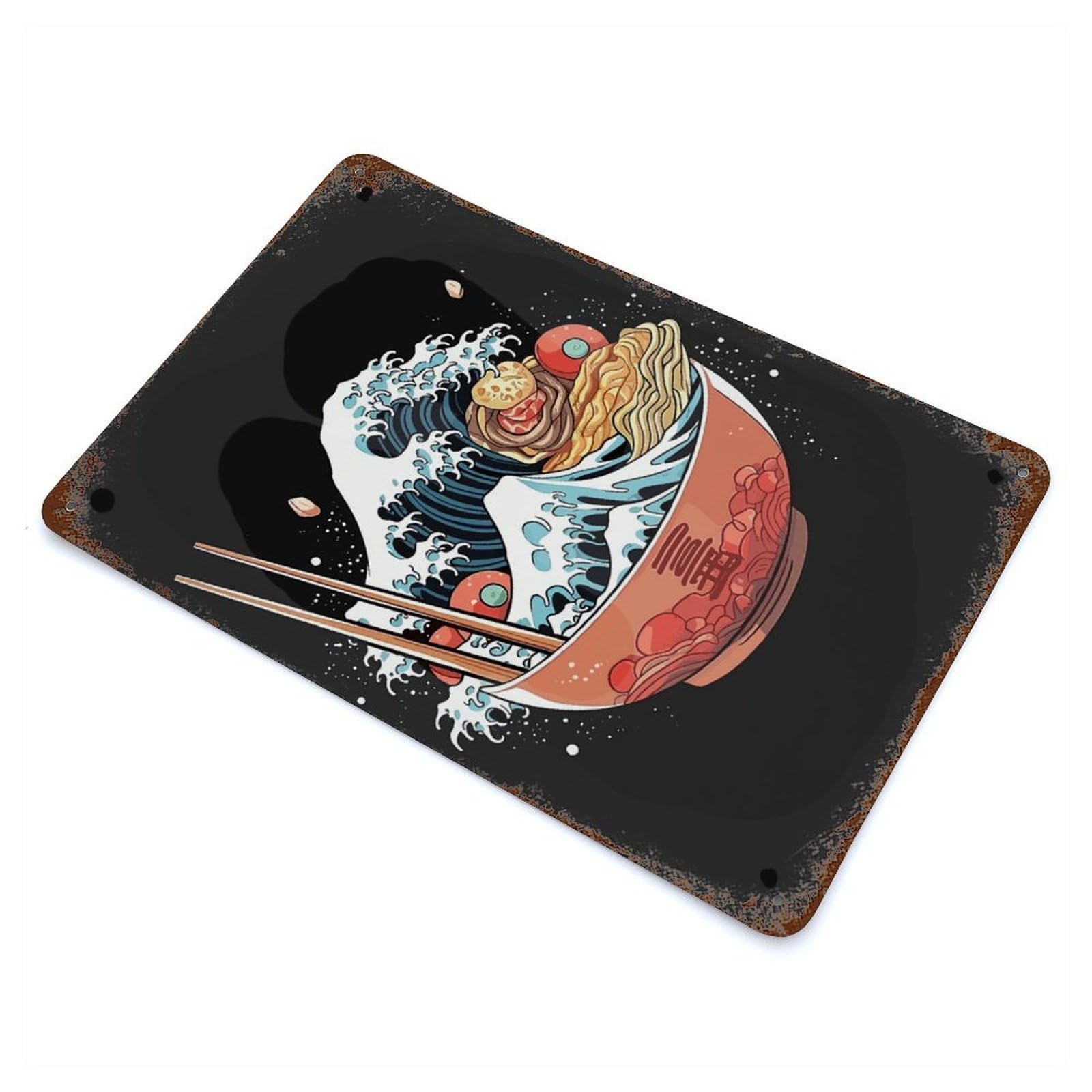 Weathered Tin Sign Ramen Bowl Art 11.8"x7.9", Rustic Home Decor for Bistro, Counter And Cafe Decor