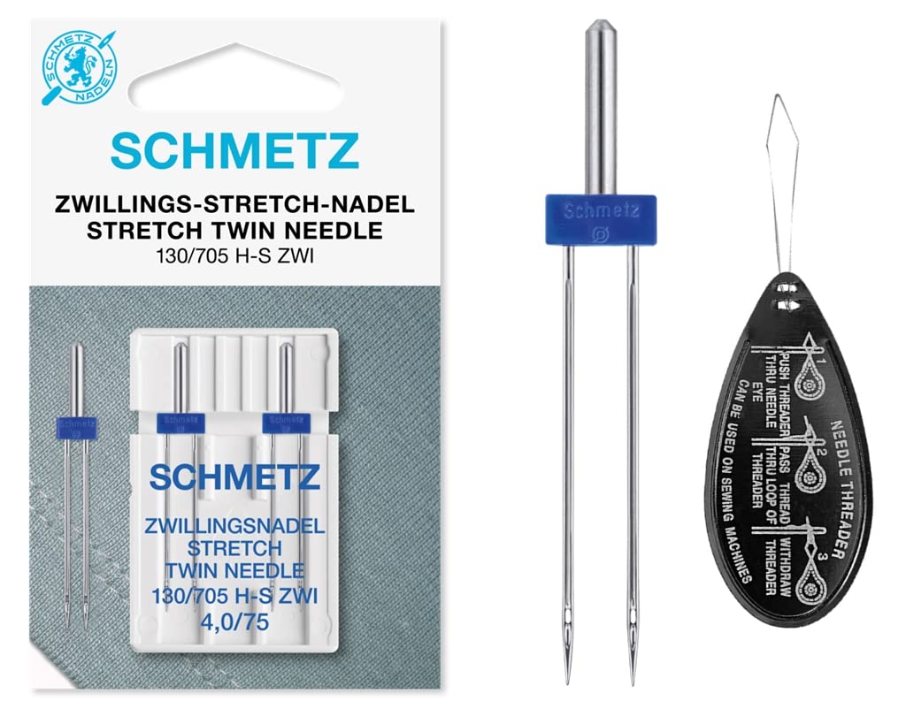 Stretch Twin Sewing Machine Needle, Size 4.0/75, Pack of 2 Needles, Includes Large Needle Threader
