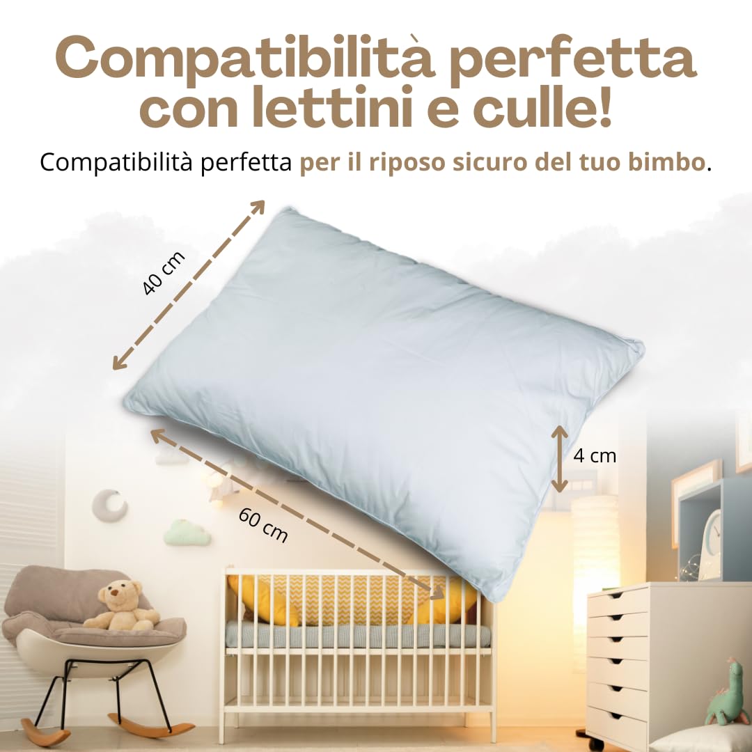 Natéa Cuscino Bambino 2 Anni con Federa 100% Cotone Traspirante e Antiacaro certificato OEKO-TEX® 100, Cuscino Lettino Bambino per Asilo e Culla, per bimbi di 2, 3 e 4 Anni (40x60x4 cm)
