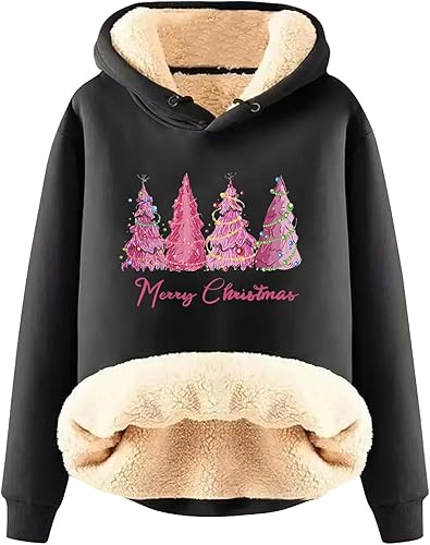Miekld Sudadera con capucha para mujer con estampado de Navidad y terciopelo grueso, cálido, suelto, sudadera con capucha para mujer con cremallera