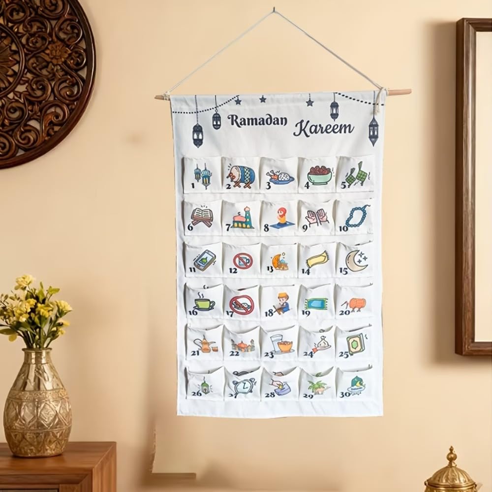 Leinwand Wand-Organizer für Ramadan | Eid Mubarak Countdown Kalender & Tägliche Überraschungen | Multifunktionaler Ramadan Adventskalender
