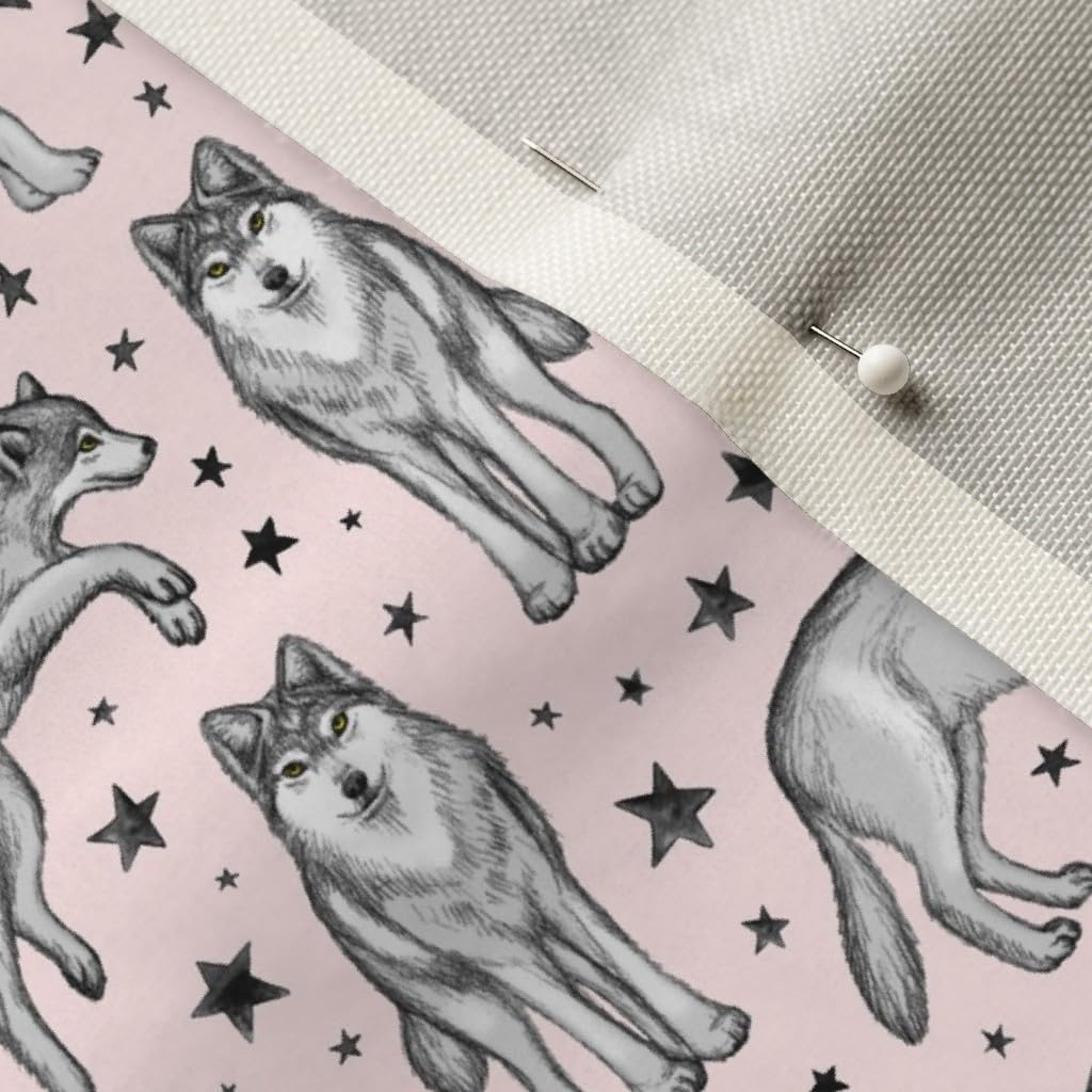 Spoonflower Fabric - Wolves Stars Pink Wolf Star Illustration Animal Cute Printed on Upholstery Velvet Fabric Fat Quarter - Upholstery Home Decor Bottomweight Apparel