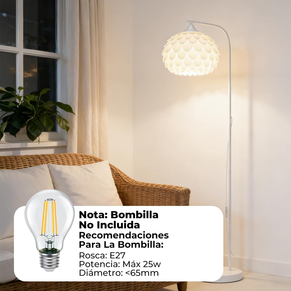 OUSFOT Lampara de Pie Salon 153CM 230V, E27 Portalámparas, Fácil de Instalar, Blanco, para Sala de Estar, Dormitorio, Estudio 【sin Bombilla】