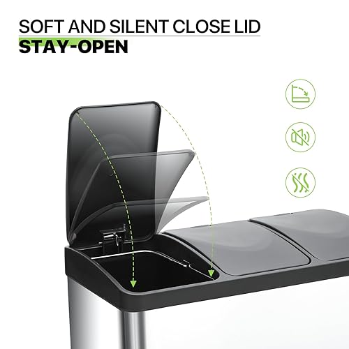 Miniatura 6 de Magshion Cubo de basura de 3 compartimentos con tapa para cocina, baño, dormitorio, pedal de pie, cubo de basura de acero inoxidable, 4 galones cada