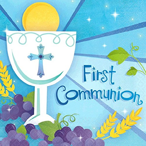 Blue First Communion Beverage Napkins Religions Party Disposable Tableware, 5" x 5", Pack of 36