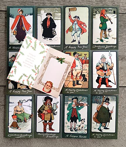 Image of PIXILUV VINTAGE CHRISTMAS (Pack of 12) Notecards Small Greeting Cards # Happy Yuletide Different Historic Time Periods ~ Vintage Christmas Postcards Reprint