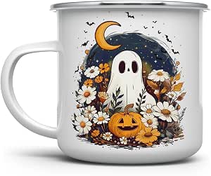 Loftipop Fall Halloween Ghost Enamel Campfire Mug, 12 oz