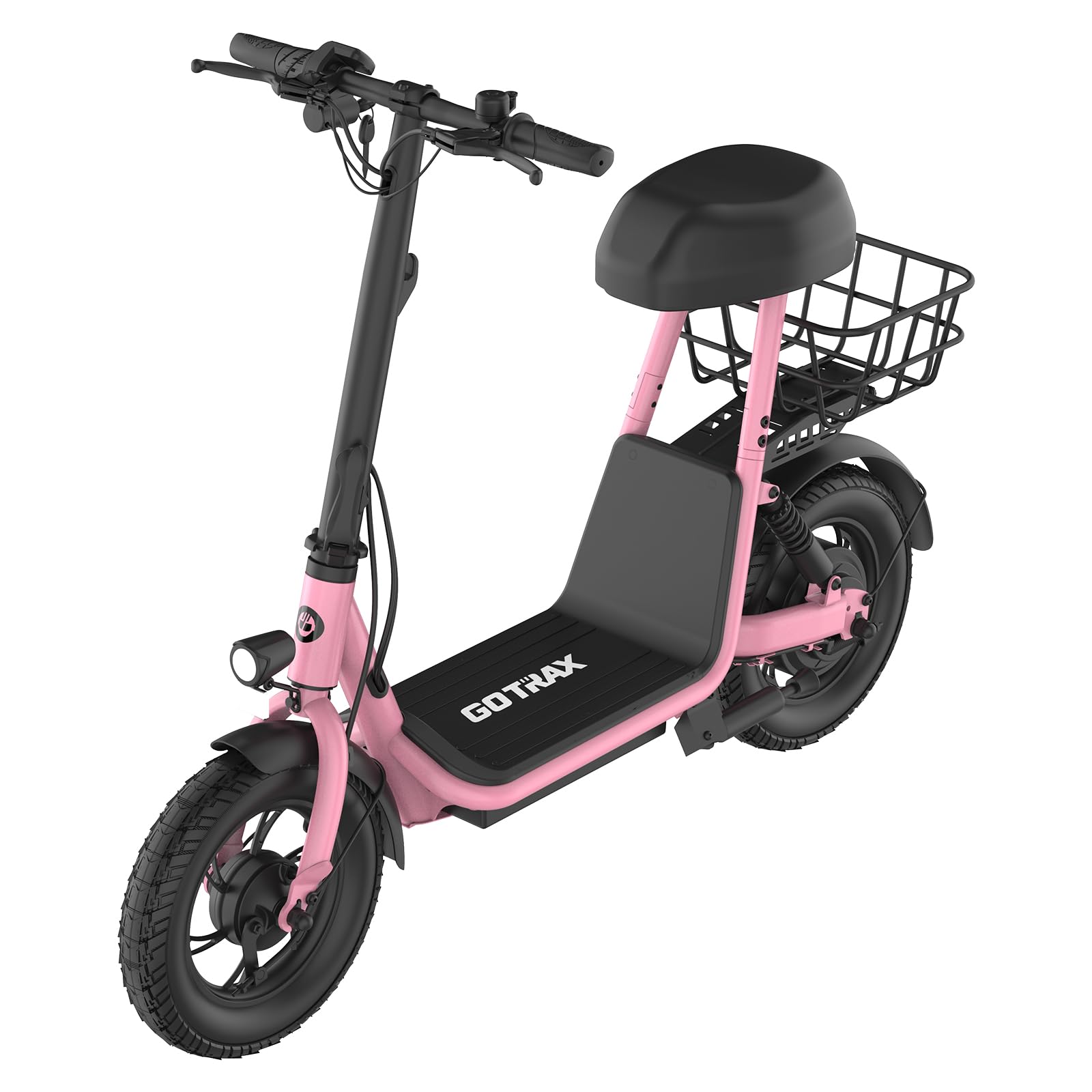Gotrax A5 Electric Scooter w/Seat for 13+, 12" Pneumatic Tire, Max 15.5 Miles &15.5 Mph Power by 400W Motor, Dual Rear Shock Absorber &Dual Brake, Comfortable Wider Seat & Carry Basket & Hook, Pink