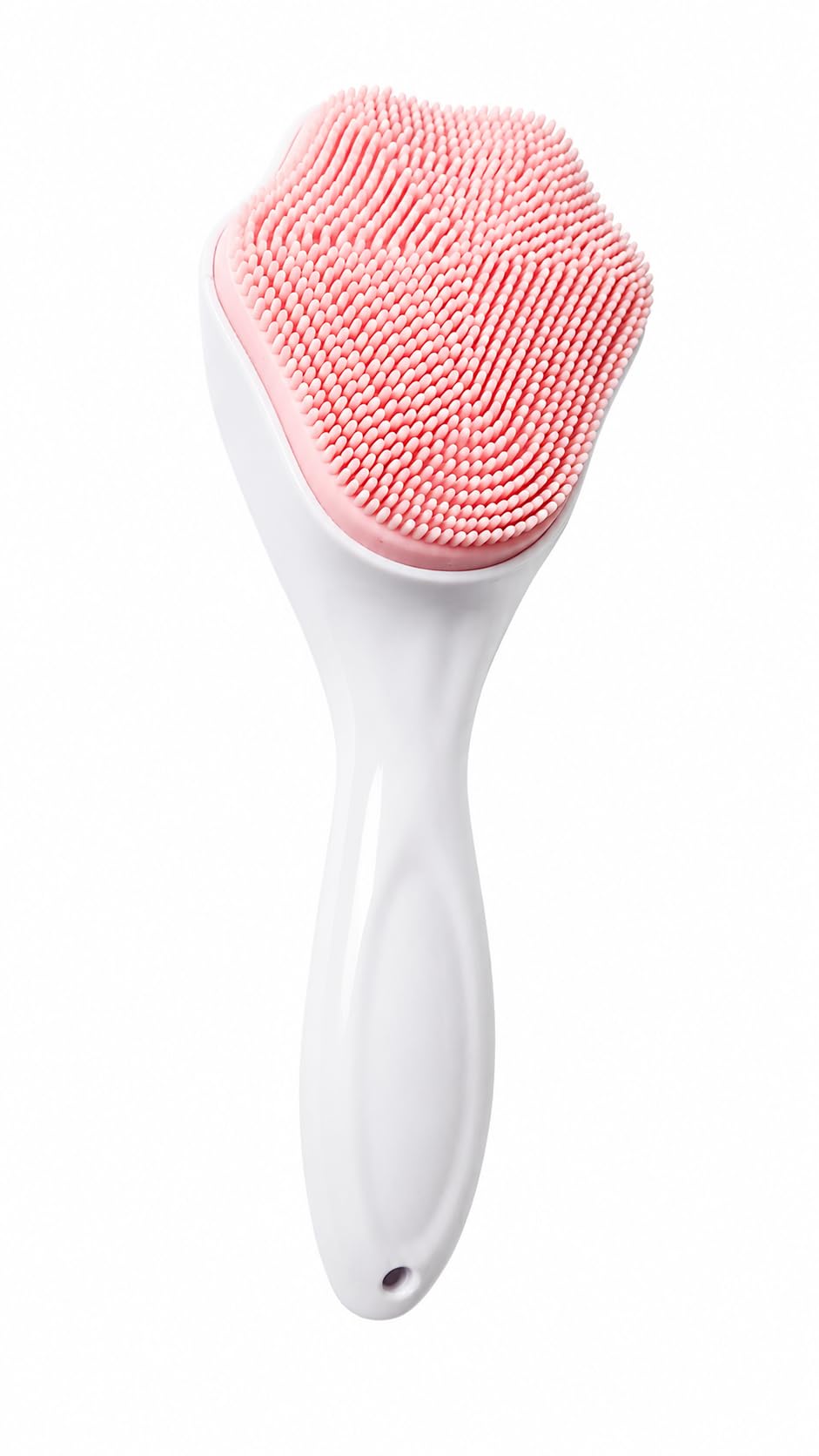 Escova de Limpeza Facial em Silicone, Rosa e Branco, com Cabo Ergonômico, para Massagem e