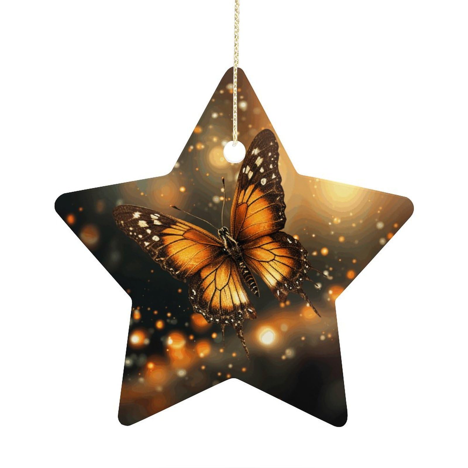 Orange Butterfly Stars Ornaments Ceramic Christmas Tree Hanging Light in Weight Christmas Star Pendants Funny Double-Sided Printed Xmas Ornaments for Gifts