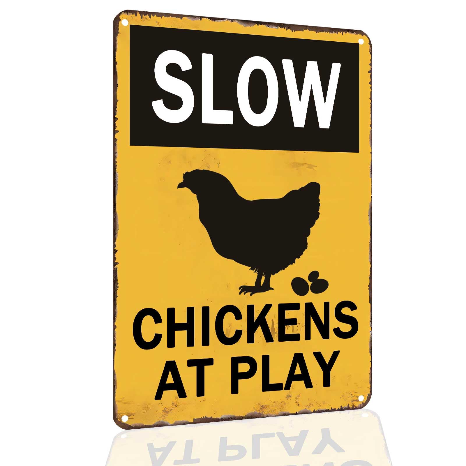 Slow Sign Chickens at Play Chicken Crossing Warning Sign 8x12 Inch Funny Sign, Chicken Coop, Yard, House Decor - Weather Resistant Fade UV Resistant