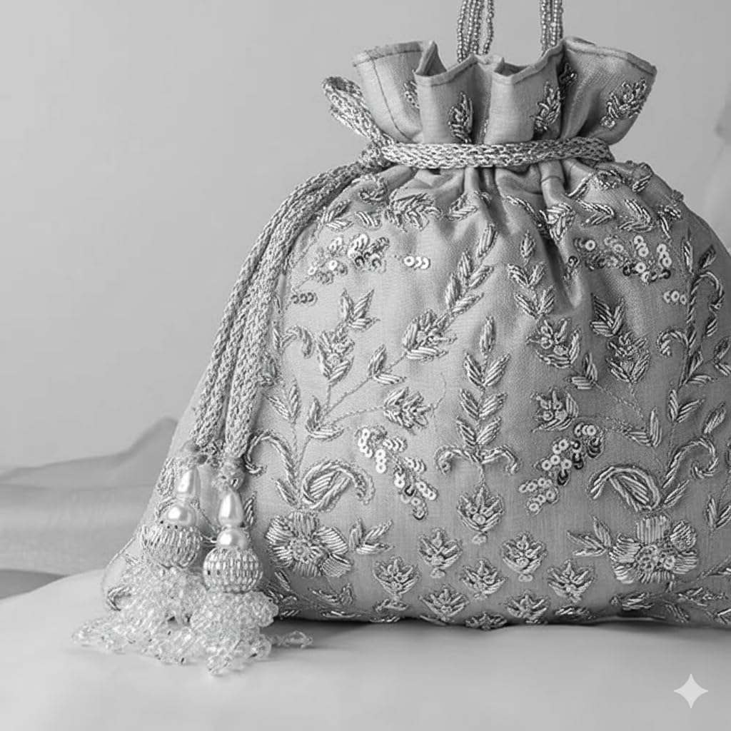 Amayra Luxe Zardozi Sequin Flower Embroidered Satin Potli Bag | Drawstring Purse for Women | Wedding, Evening & Cocktail Wear 2