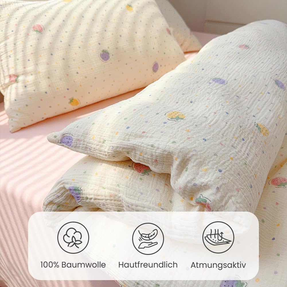 Nayoroom Musselin Kinderbettwäsche 100x135 cm Baumwolle Bettbezug mit Kissenbezug 40x60 cm Oeko-TEX Standard Bunte Erdbeeren