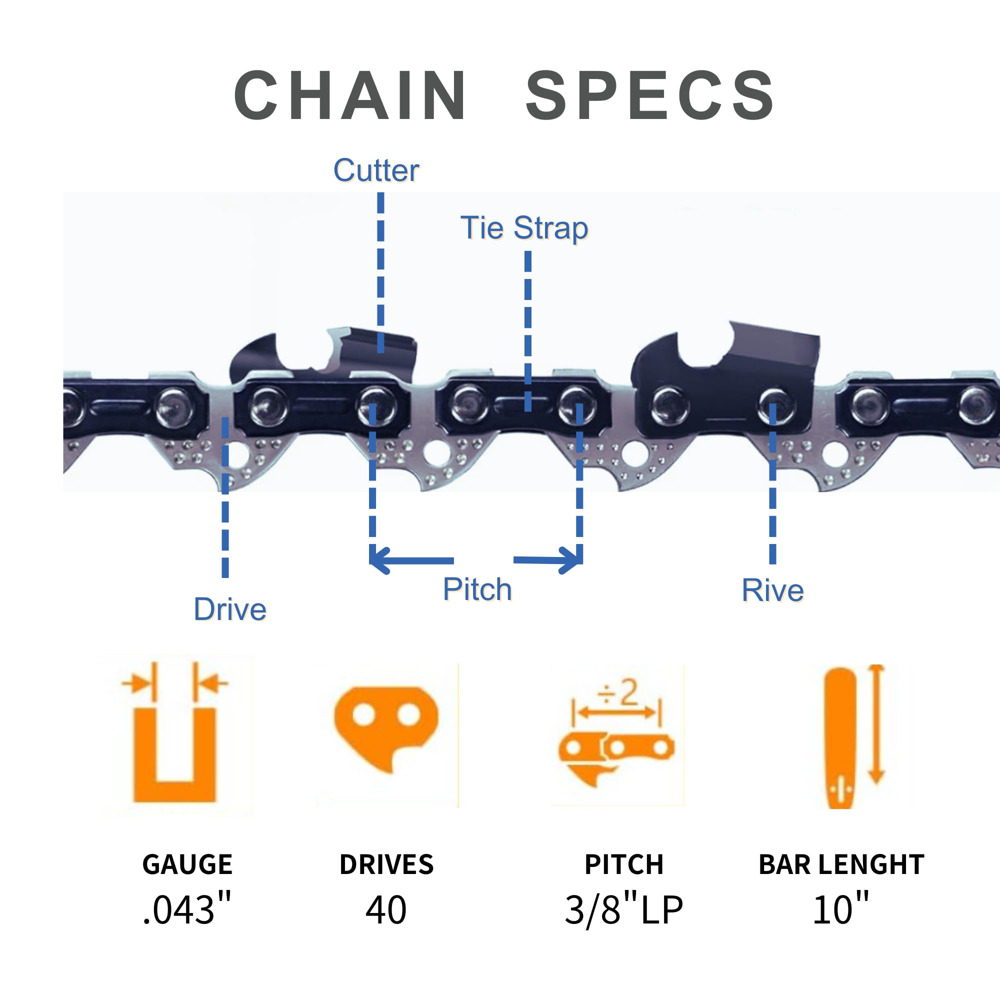 Paquete de 3 cadenas de motosierra de 10 pulgadas para paso LP de 3/8 pulgadas, calibre de 0.43 pulgadas, 40 eslabones de transmisión, compatible con Ryobi P546, Husqvarna 436Li, Milwaukee,