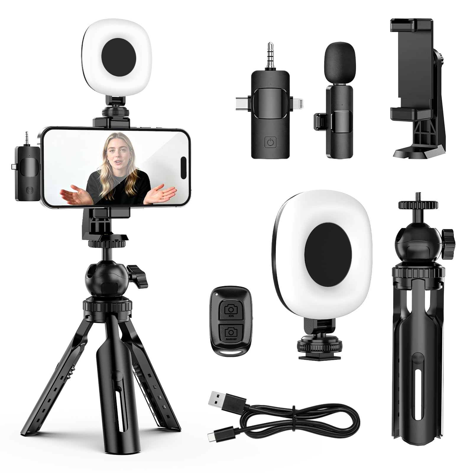 UBeesize Kit de vlogging para iPhone y Android, kit de inicio de YouTube para creadores de contenido con luz de video LED, micrófono, clip de teléfono, trípode ajustable para vlogging, YouTube