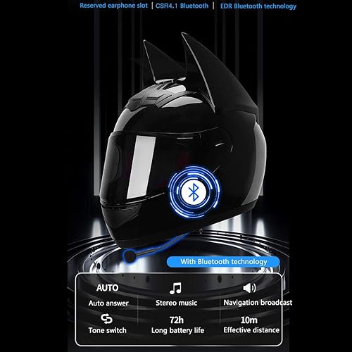 Miniatura 3 de Casco de motocicleta personalizado de cara completa con Bluetooth para gatos, orejas de murciélago, casco de locomotora negro fresco para adultos y