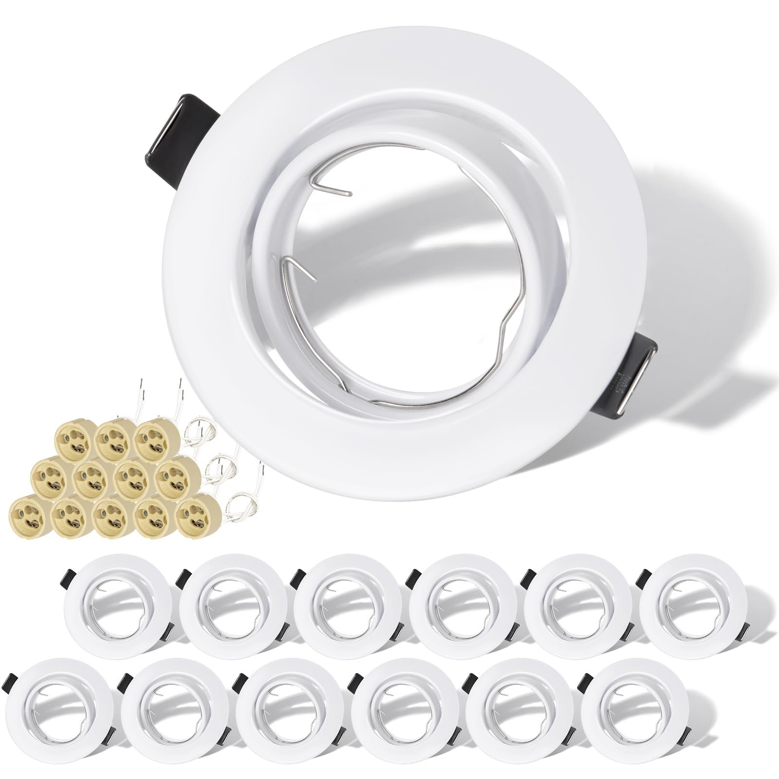 Juego de 12 focos empotrables GU10, 230 V, orientables, de acero inoxidable cepillado, redondos, incluye portalámparas para LED GU10 o halógenos