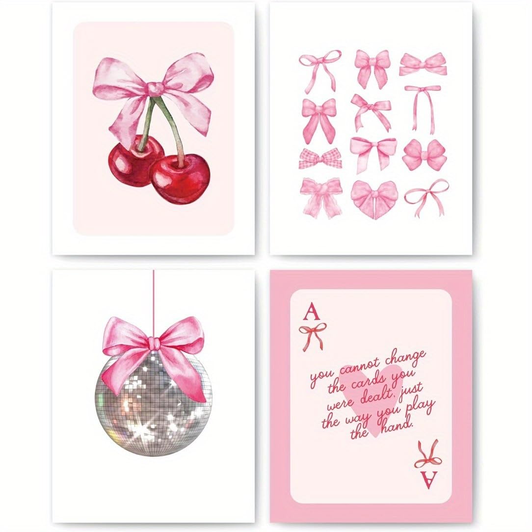 MINWEGI Preppy Room Decor, Posters for Bedroom, Room Decor, Pink Cherry Bow Disco Ball Poster Set, room decor Aesthetic Girl Wall Art Prints, 15x20cm Unframed (4PCS)