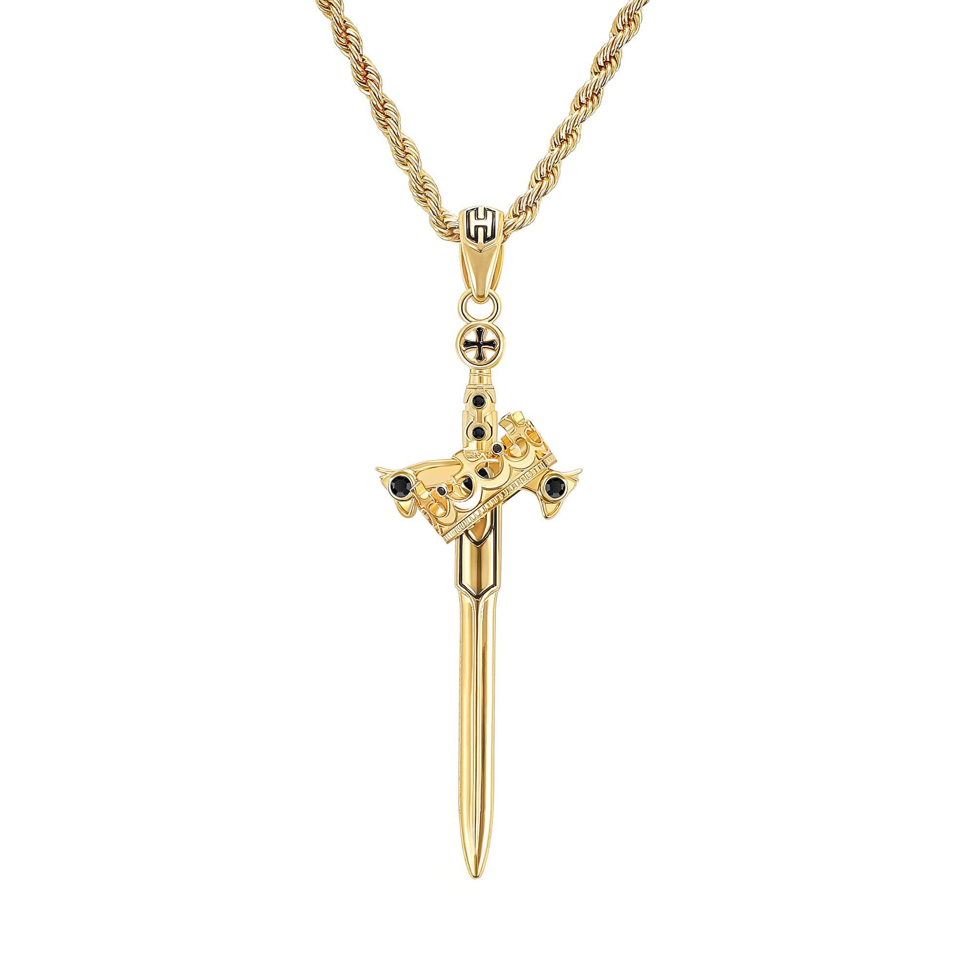 HELLOICE Sword Crown Cross Necklace 18K Gold Plated 5A CZ Stones Sword Pendant Necklace With 24" Chain for Men Women