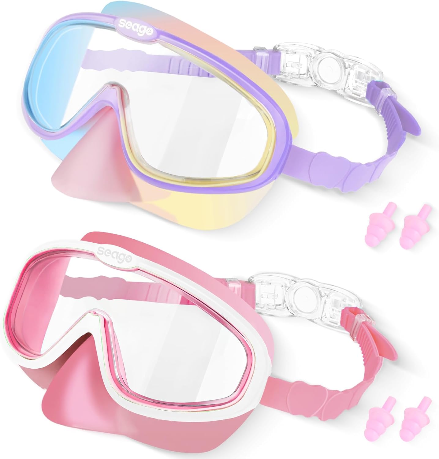 Seago Kids Swim Goggles 2 Pack for 3-12, Anti-Fog Clear View,Toddler Goggles with Nose Cover Swimming Goggles