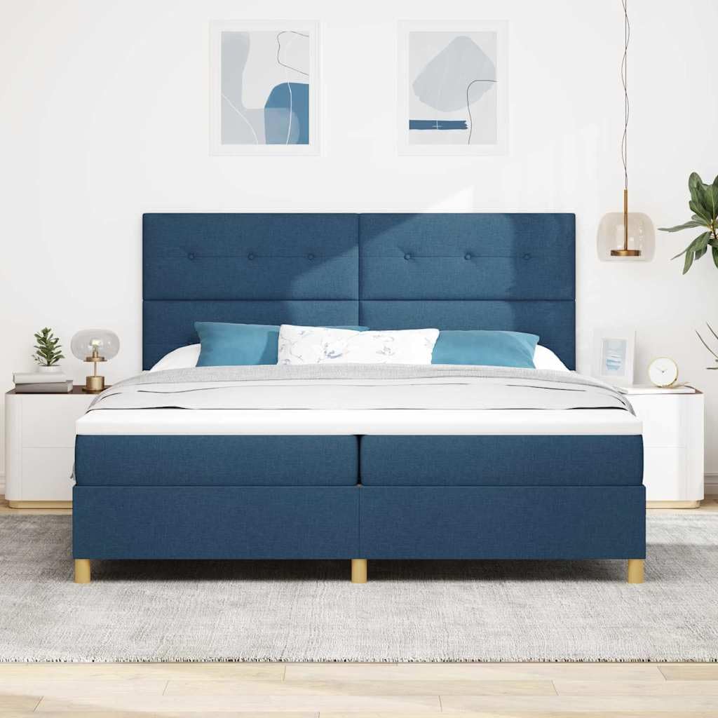 Cama con somier LED con colchón azul, 200 x 200 cm, tela, madera y marco de pino, tiras LED RGB, cabecero ajustable, somier, cómodo espacio para dormir para 2 personas