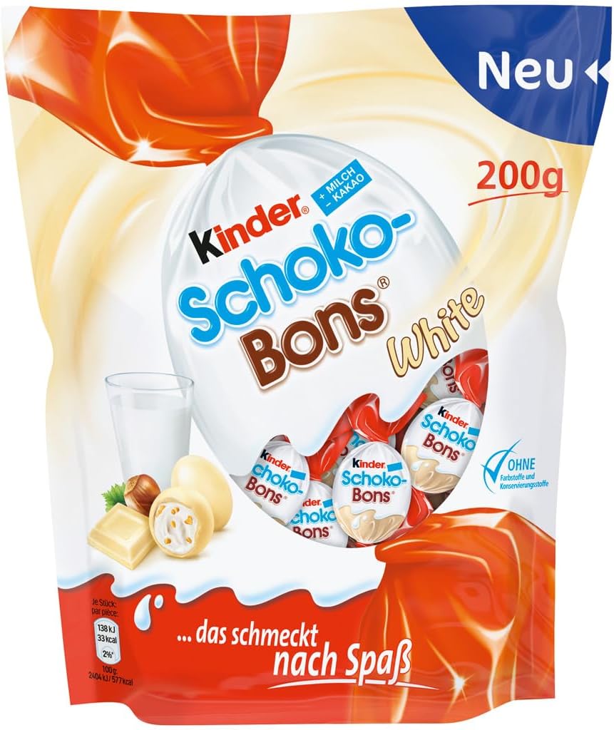 Ferreros Kinders Schoko-Bons White Chocolate Candy With Hazelnut, 200g (From Italy)