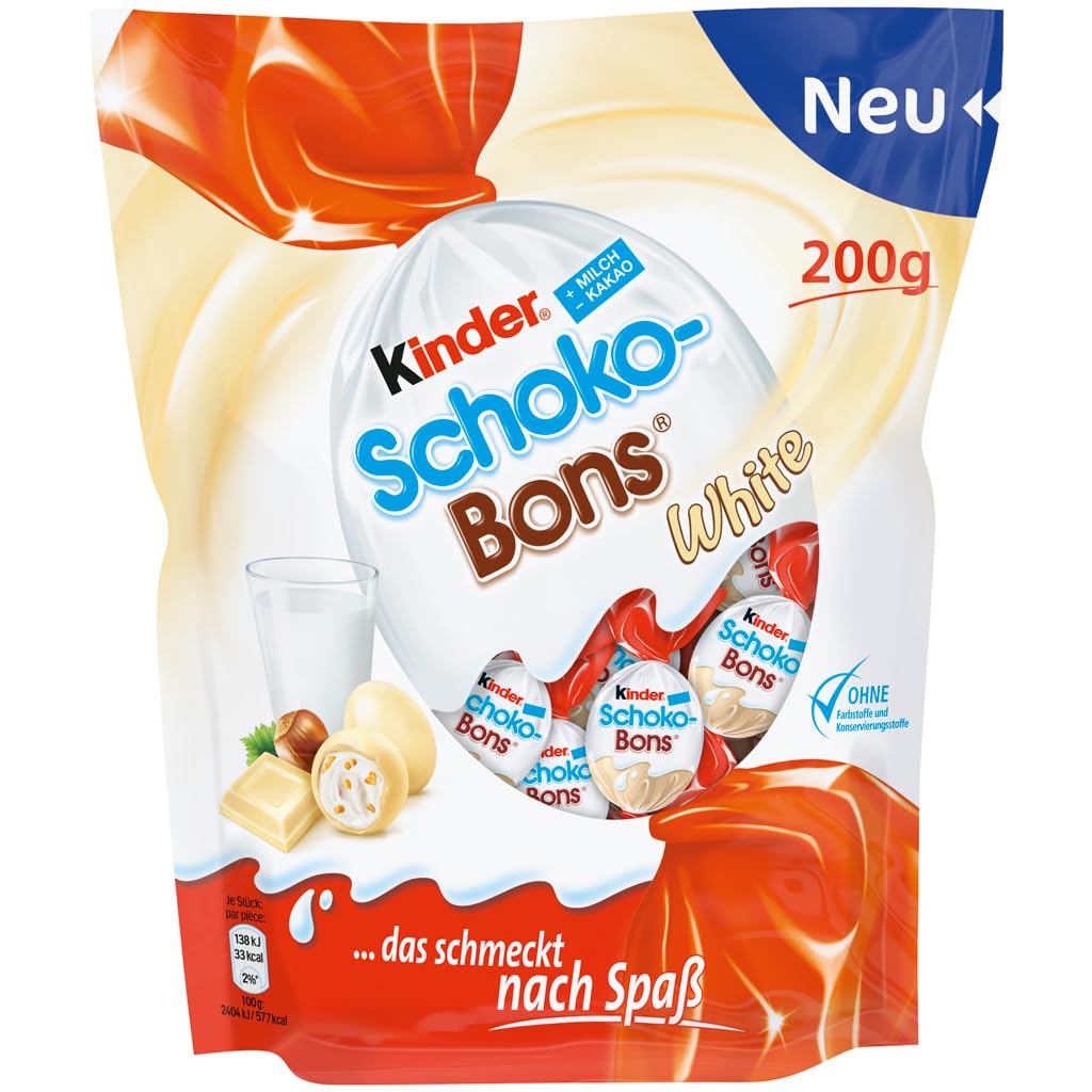 Ferreros Kinders Schoko-Bons White Chocolate Candy With Hazelnut, 200g (From Italy)