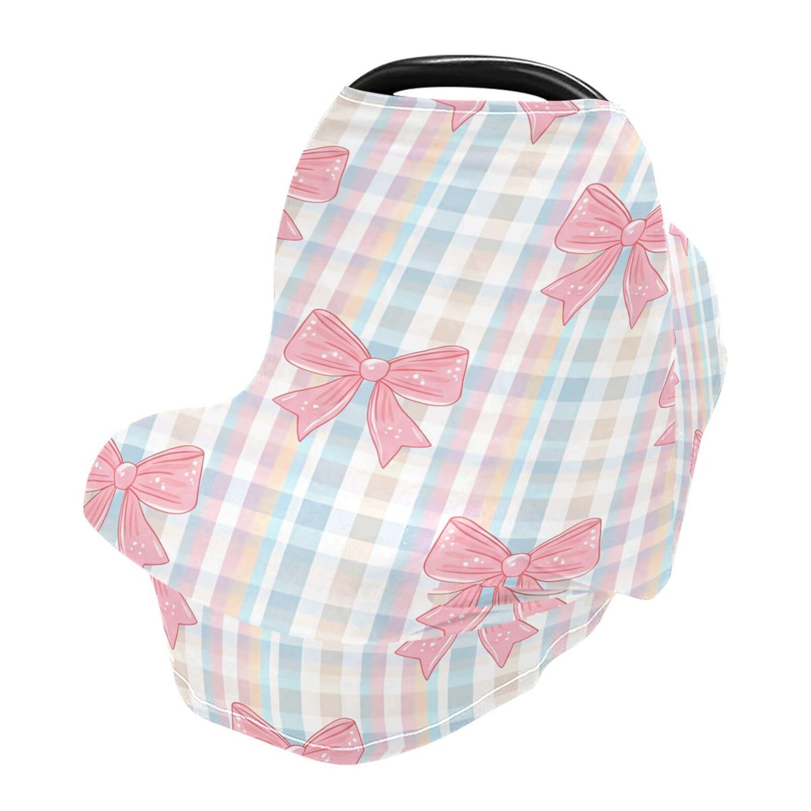 Bulletgxll Bow Plaid Car Seat Covers for Babies Breathable Nursing Breastfeeding Cover Multi-Use Infant Carseat Canopy and Stroller Cover for Boys Girls