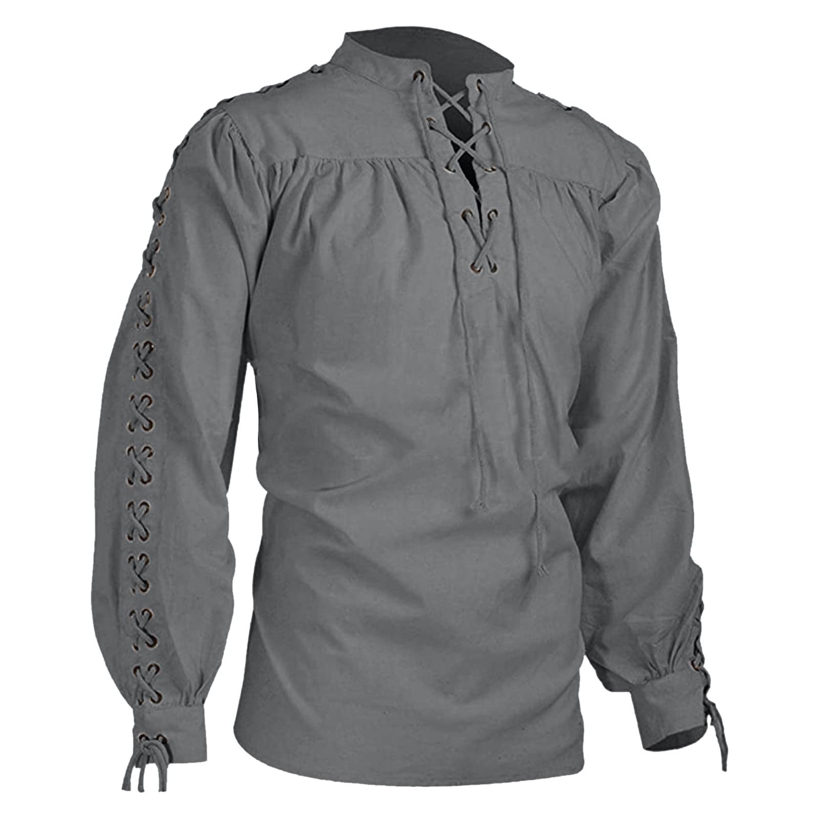 Men's Medieval Pirate Shirt - Retro Renaissance Gothic Steampunk Vibe, Long Sleeve Lace Up Closure, Victorian-Inspired Pullover Top Grey