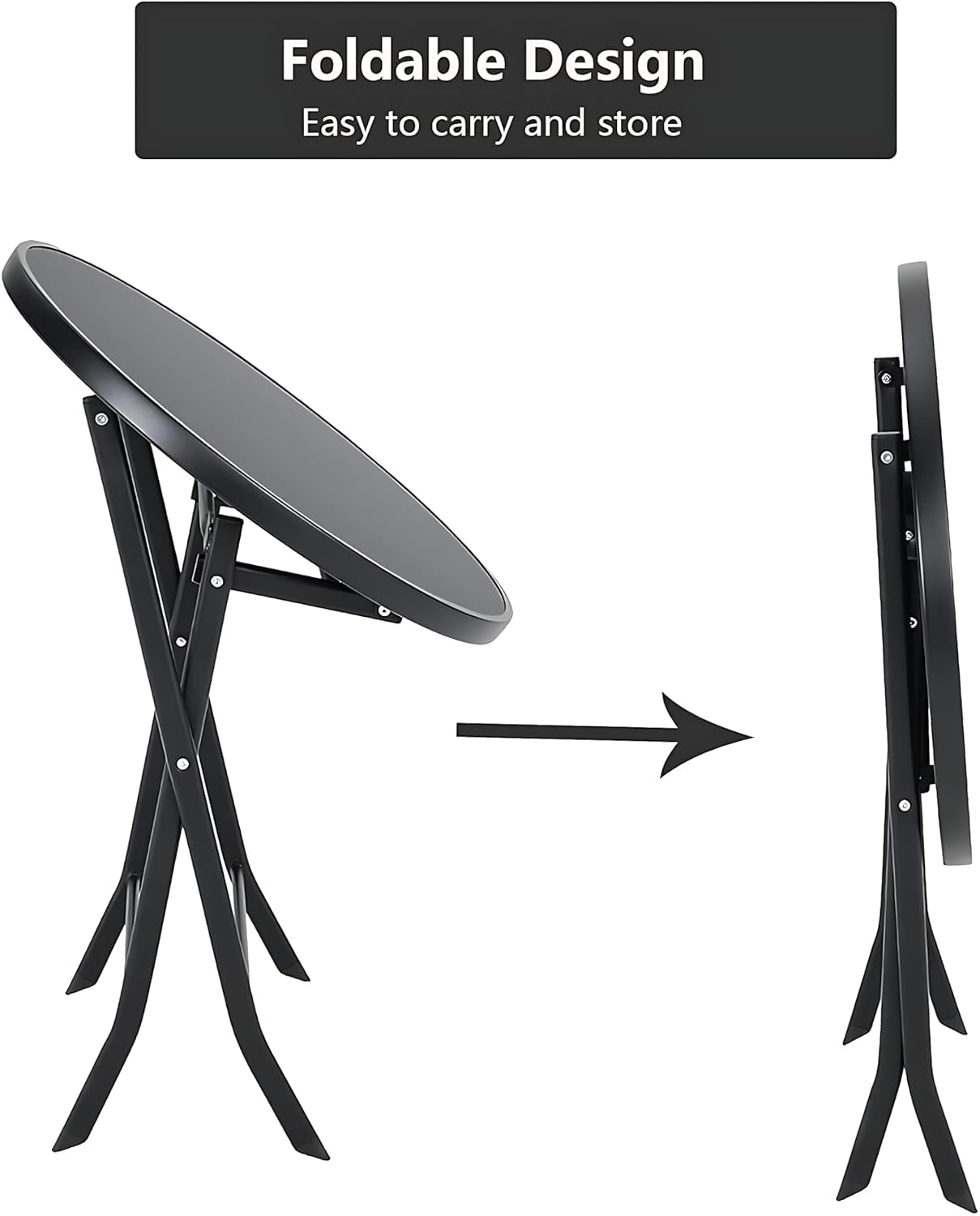 TORIOX Folding Table, Side Table, Balcony Table, Camping Table, Garden Table, Bistro with Metal Frame, Round Top Made of Tempered Glass 1