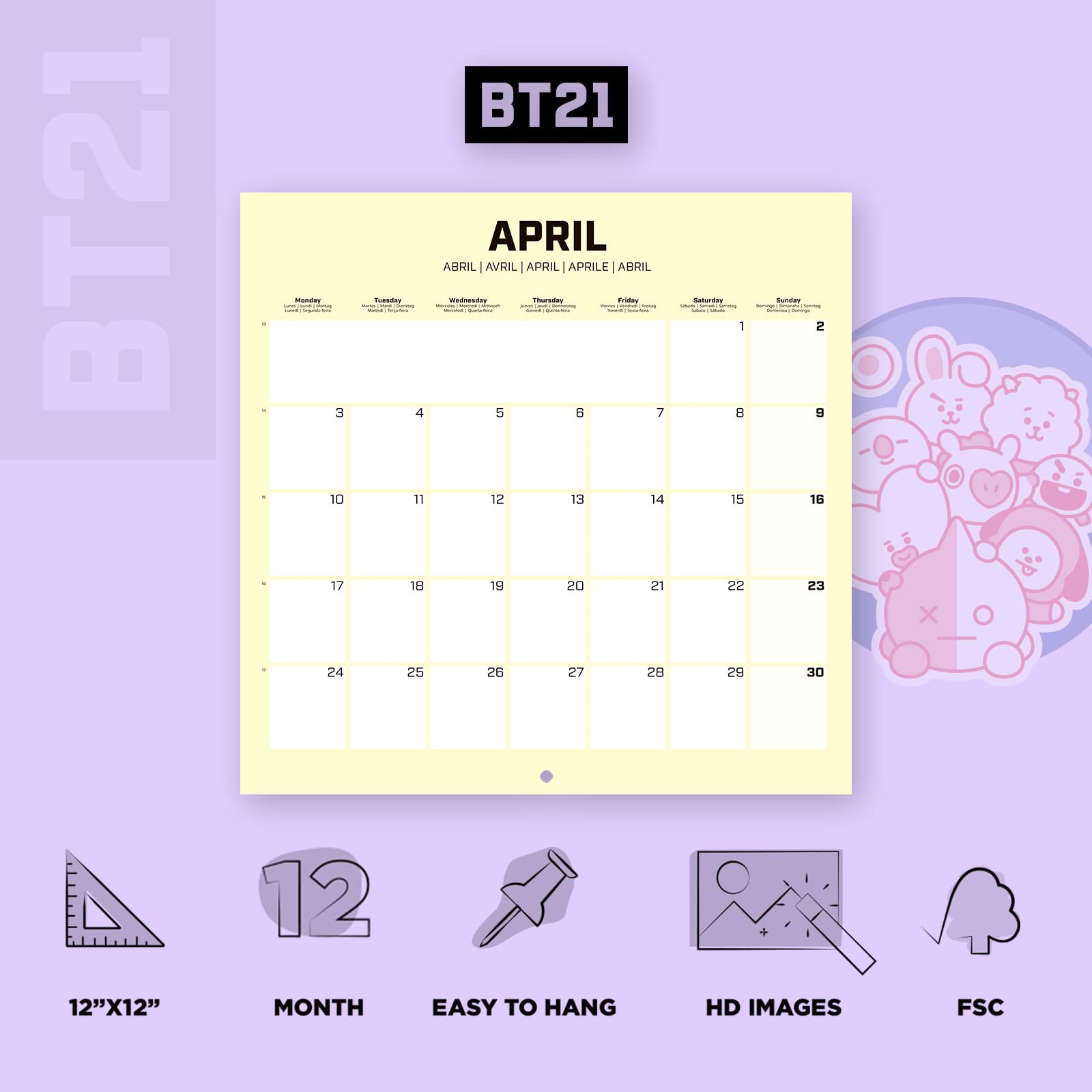 Grupo Erik BT21 Official Merchandise Wall Calendar 2023 12' x 12' FSC, Wandkalender - Image 2