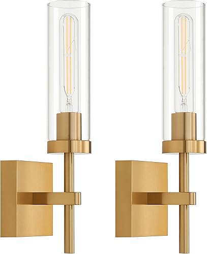 Miniatura 17 de Juego de 2 apliques de pared cableados negros y dorados, modernos apliques de tocador de baño con pantalla de vidrio transparente, luces de montaje