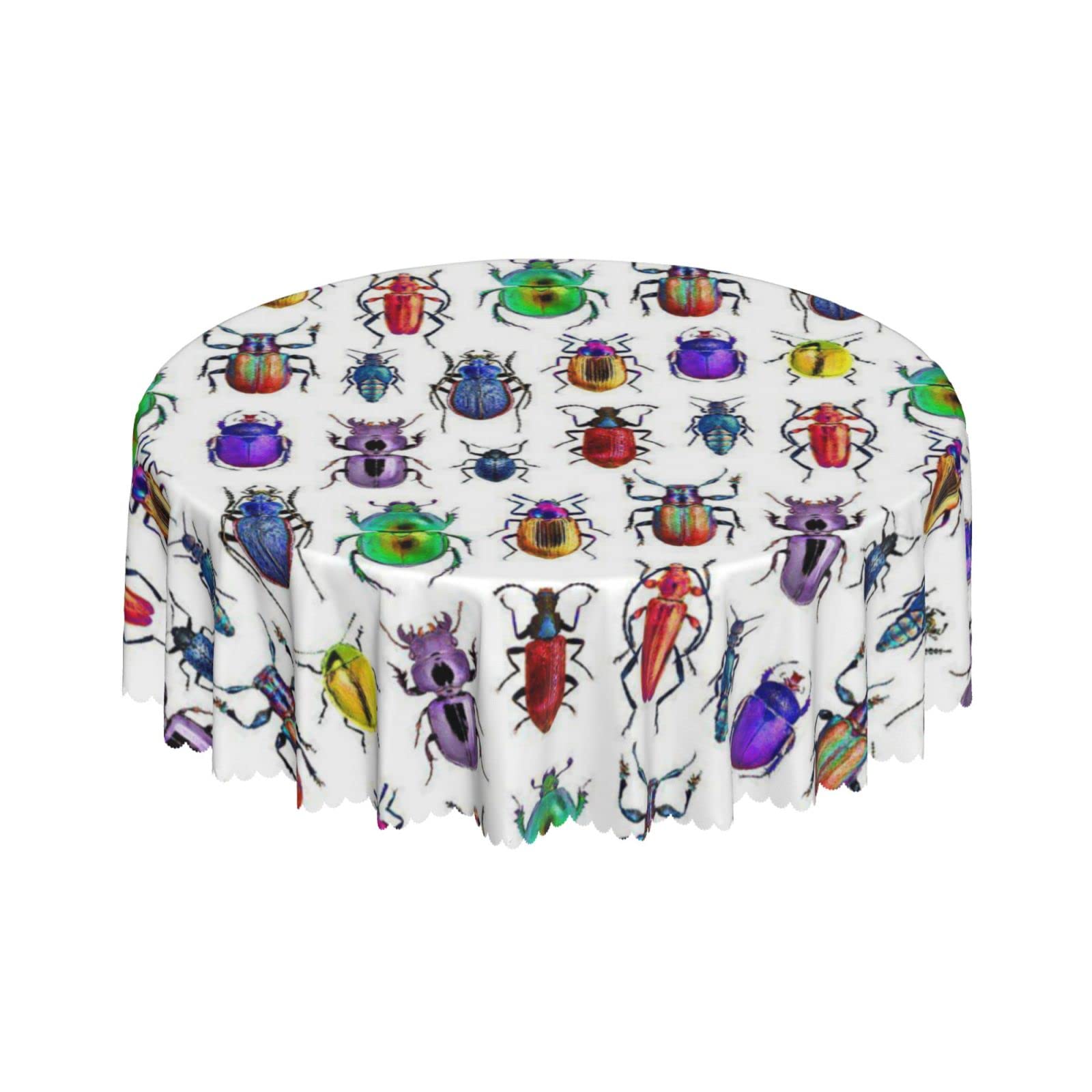 Lsjuee Colorful Beetle White Round Tablecloth 60 Inch Printed Washable Tablecloth for Dining Party Holiday Fall Home Decorative