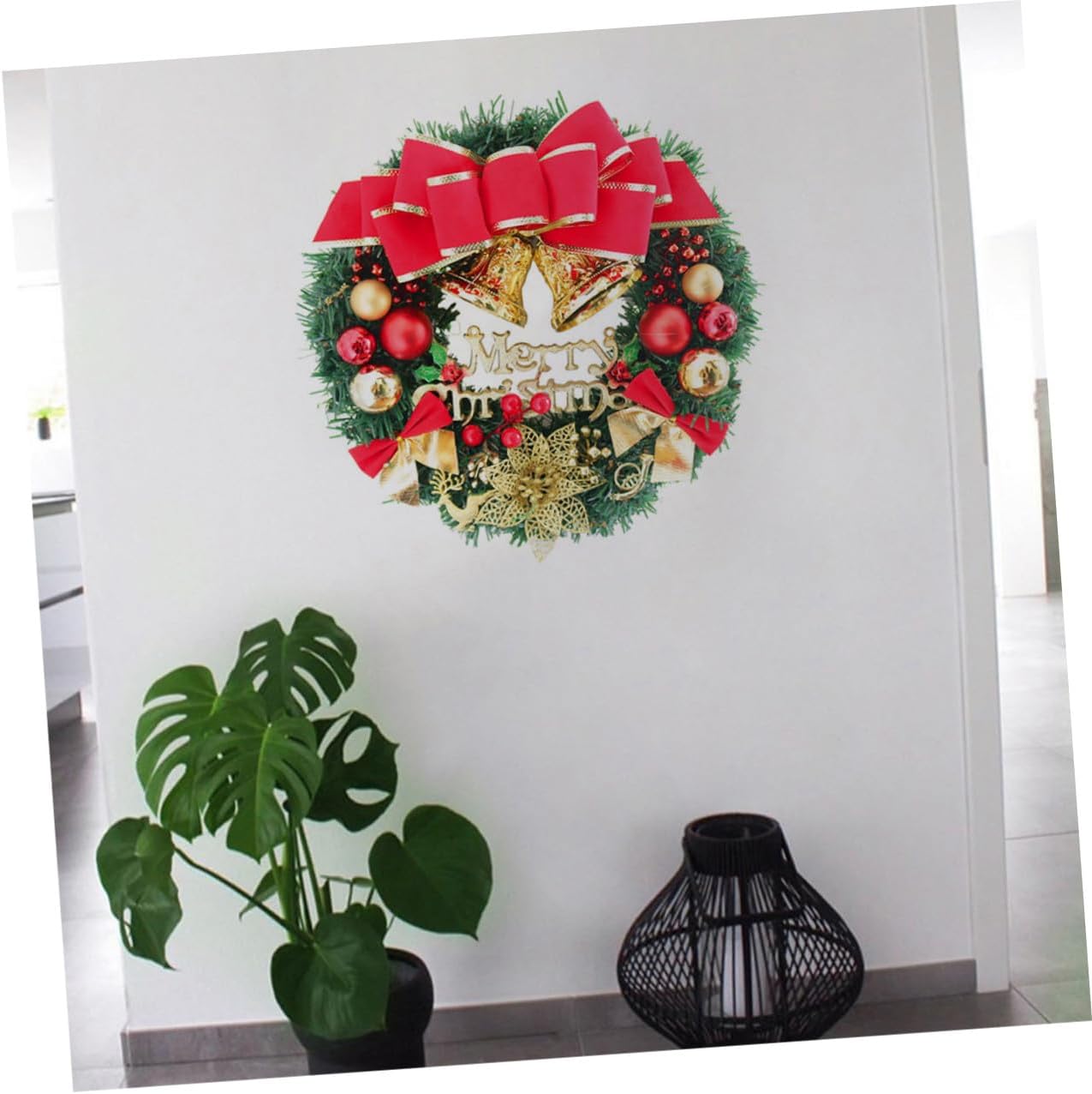 Christmas Door Wreath with Red Deer Design Classic Xmas Garland for Porch Entry Staircase Wall Decoration Elegant Holiday Home and Office Ornament